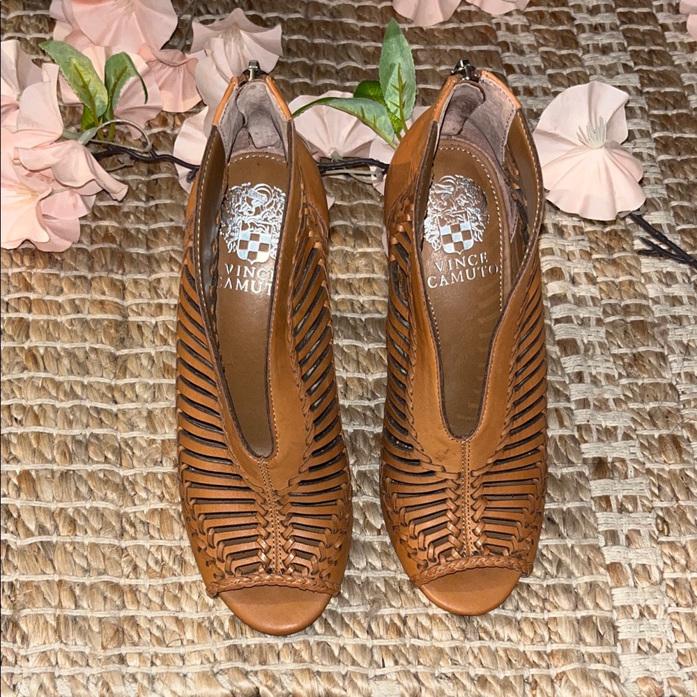 Vince Camuto Cognac Woven Peep-Toe Heels